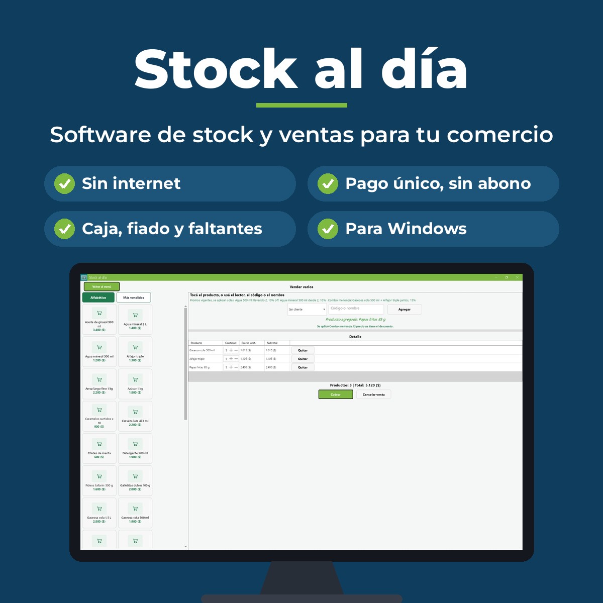 Punto de venta para kiosco: pantalla de inicio de Stock al día